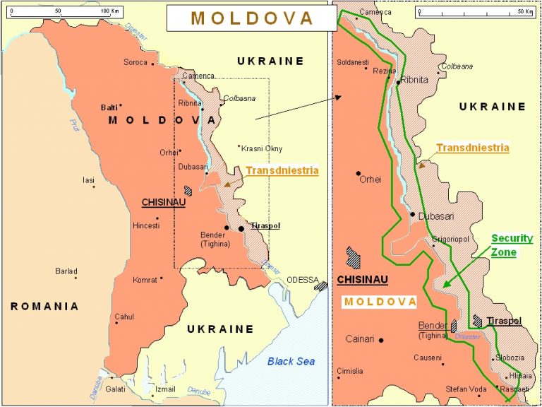 Mapa de la región de Transnistria. Existe una zona de seguridad de unos 150 km de largo por 10 km de ancho. El río Dniester separa de forma natural parte del país y da nombre a este.